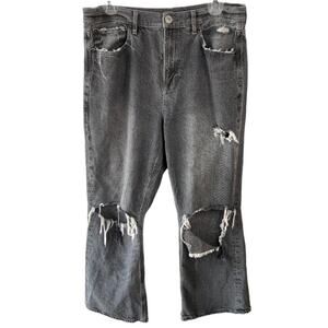 American Eagle 90’s Flare Jeans Dark Grey Distressed Ripped Retro, Size 10